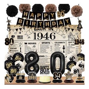 Elegant Black & Gold 80th Birthday Party Decoration Set